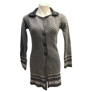 A.Ida Long Cardigan Sweater Diamond Pattern Faux Fur Collar Wool Blend